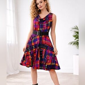 Kelly & Diane Size 10 Colorful Abstract Plaid Fit & Flare Cowl Dress